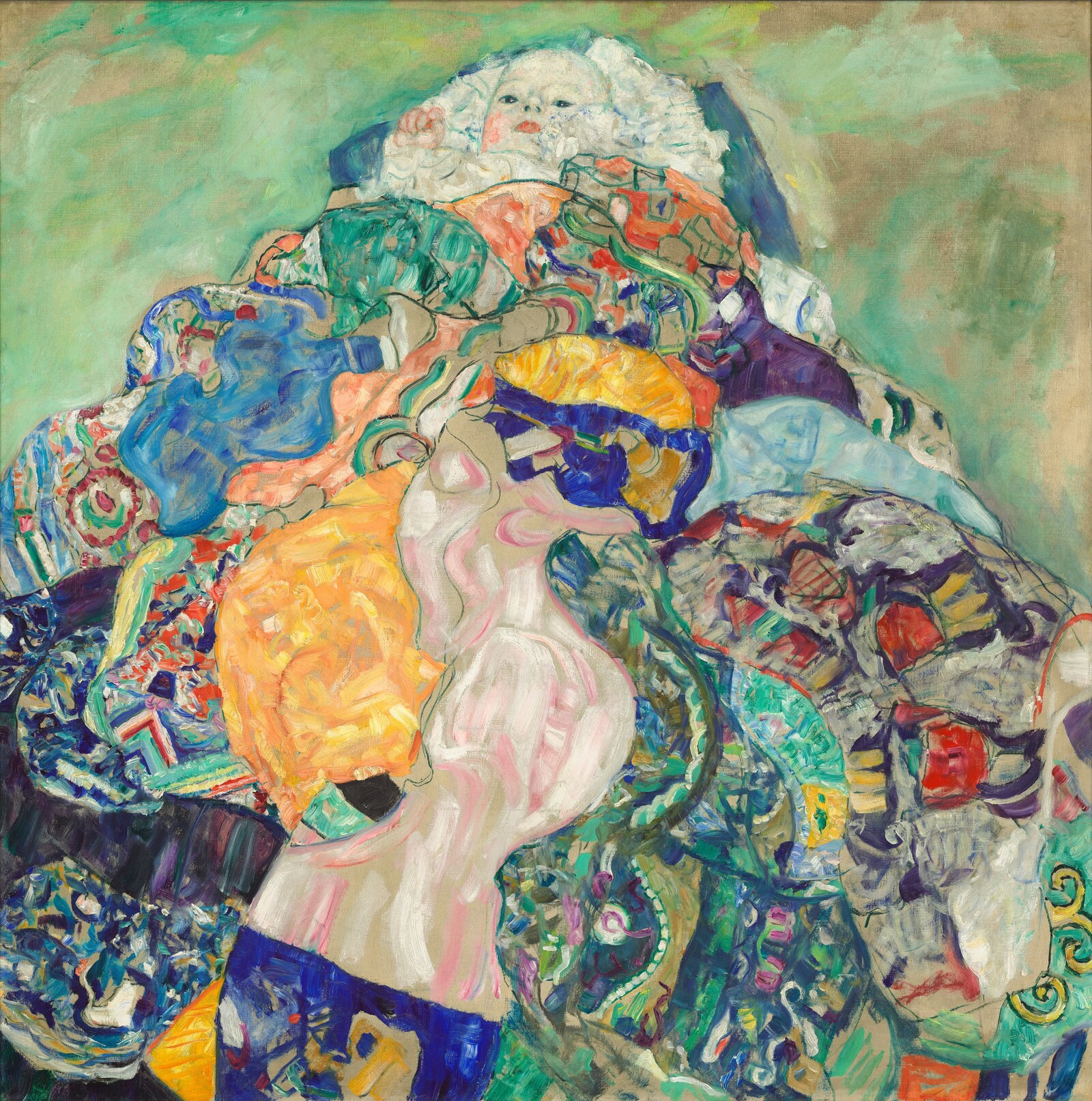 Gustav Klimt’s Baby (Cradle), with a baby’s face and hand peeking from white fabric above a colorful triangular mountain of patterned blankets.