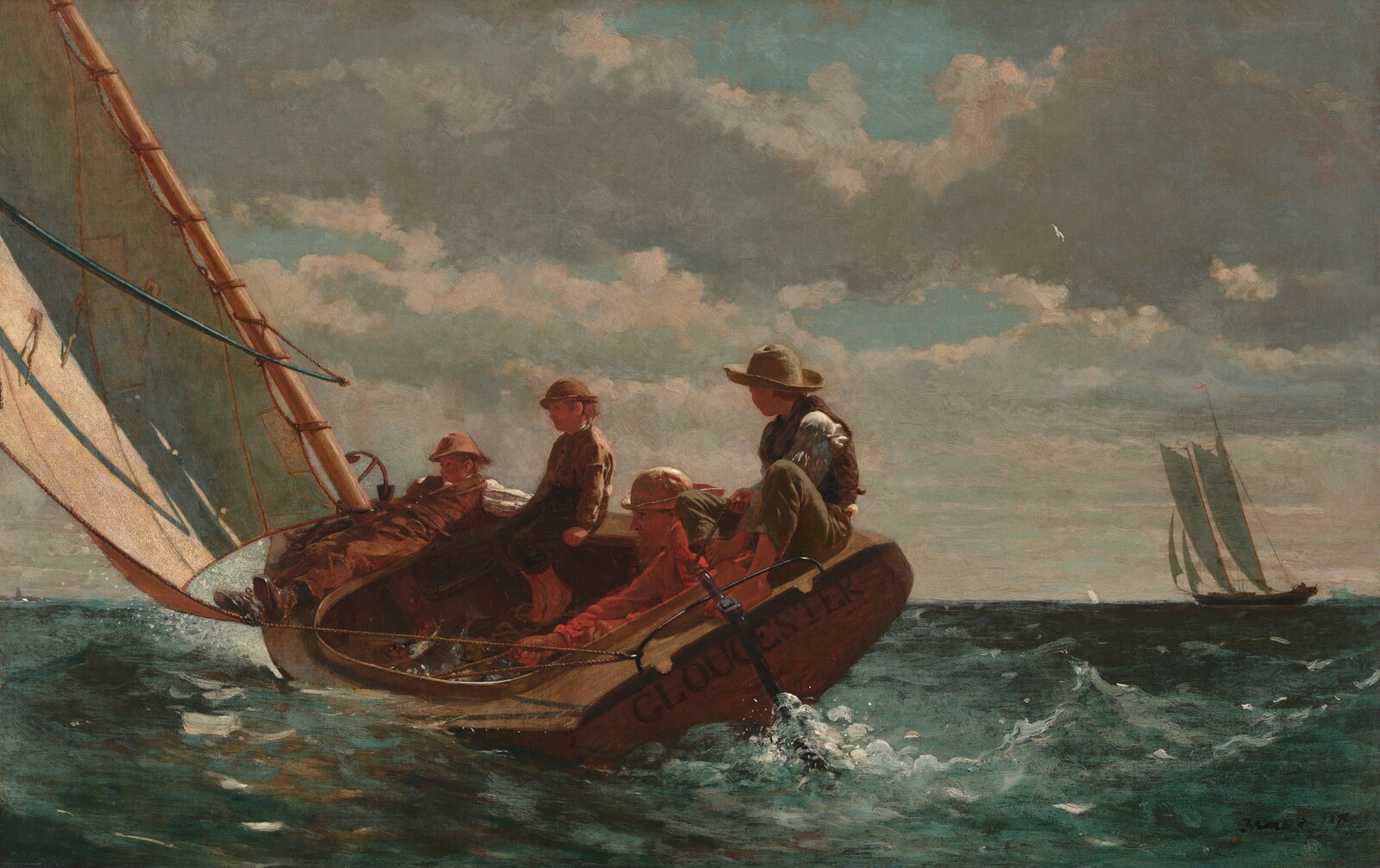 Winslow Homer’s Breezing Up with a young man and three boys balancing in a small sailboat on a choppy sea.