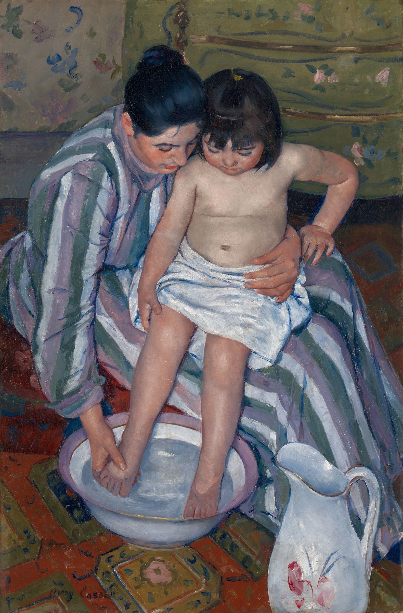 Mary Cassatt’s The Child’s Bath, viewed from above as an adult supports a child’s leg beside a round washbasin.