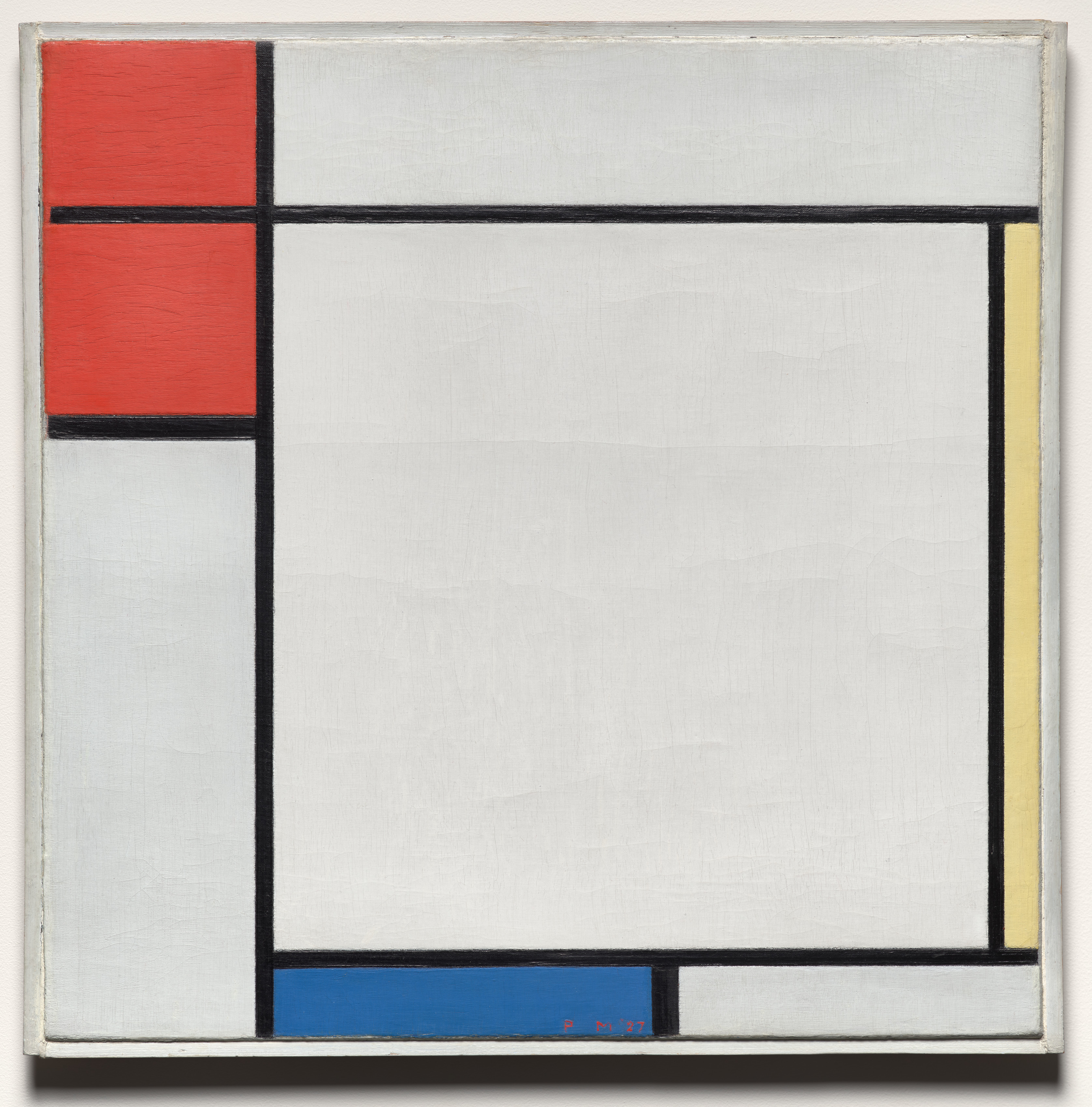 Mondrian’s square abstract painting divided by black horizontal and vertical lines into white, gray, red, yellow, and blue rectangles.