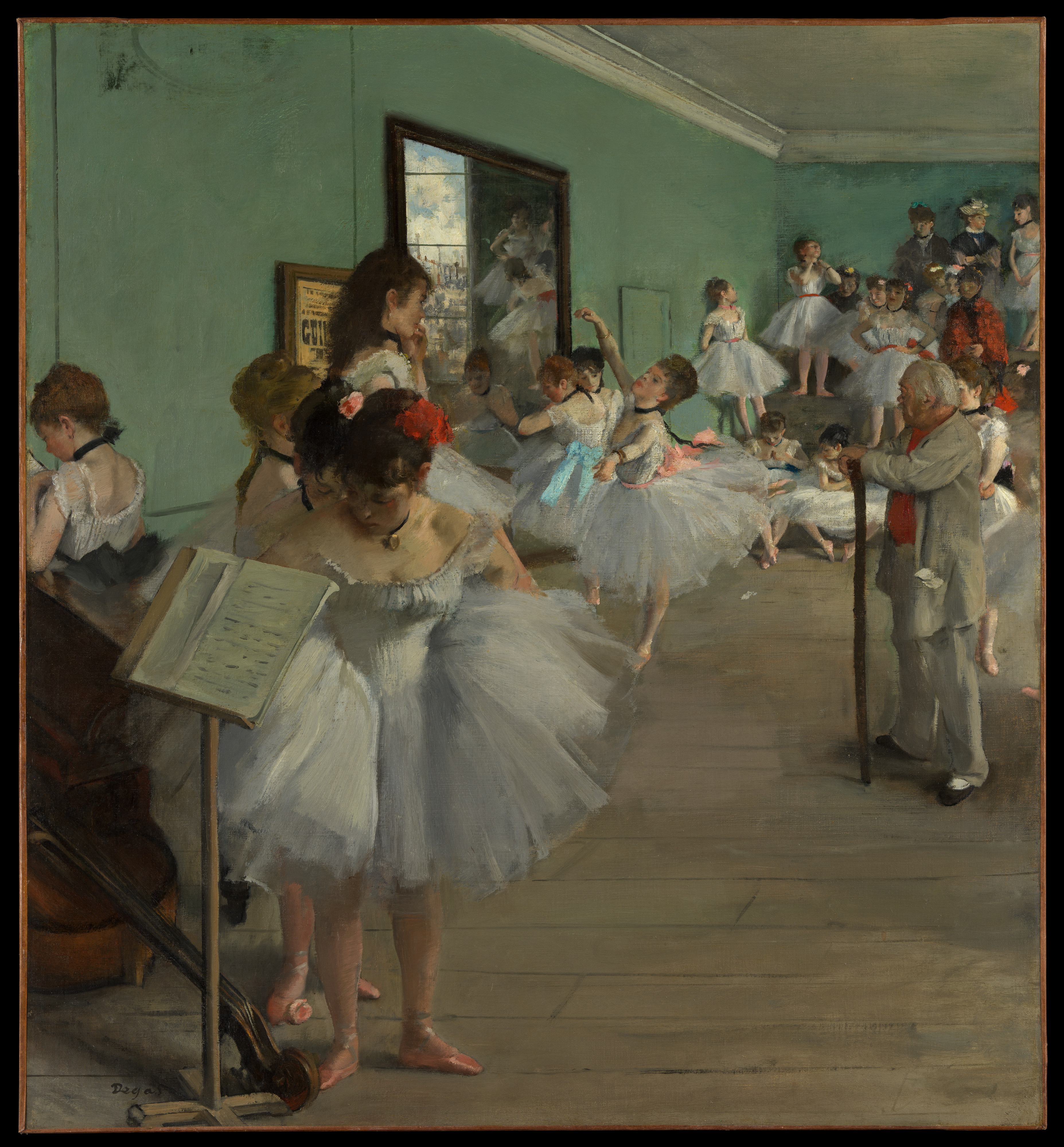 Edgar Degas’s ballet class with a dancer performing for Jules Perrot while other students and their mothers wait around the room.