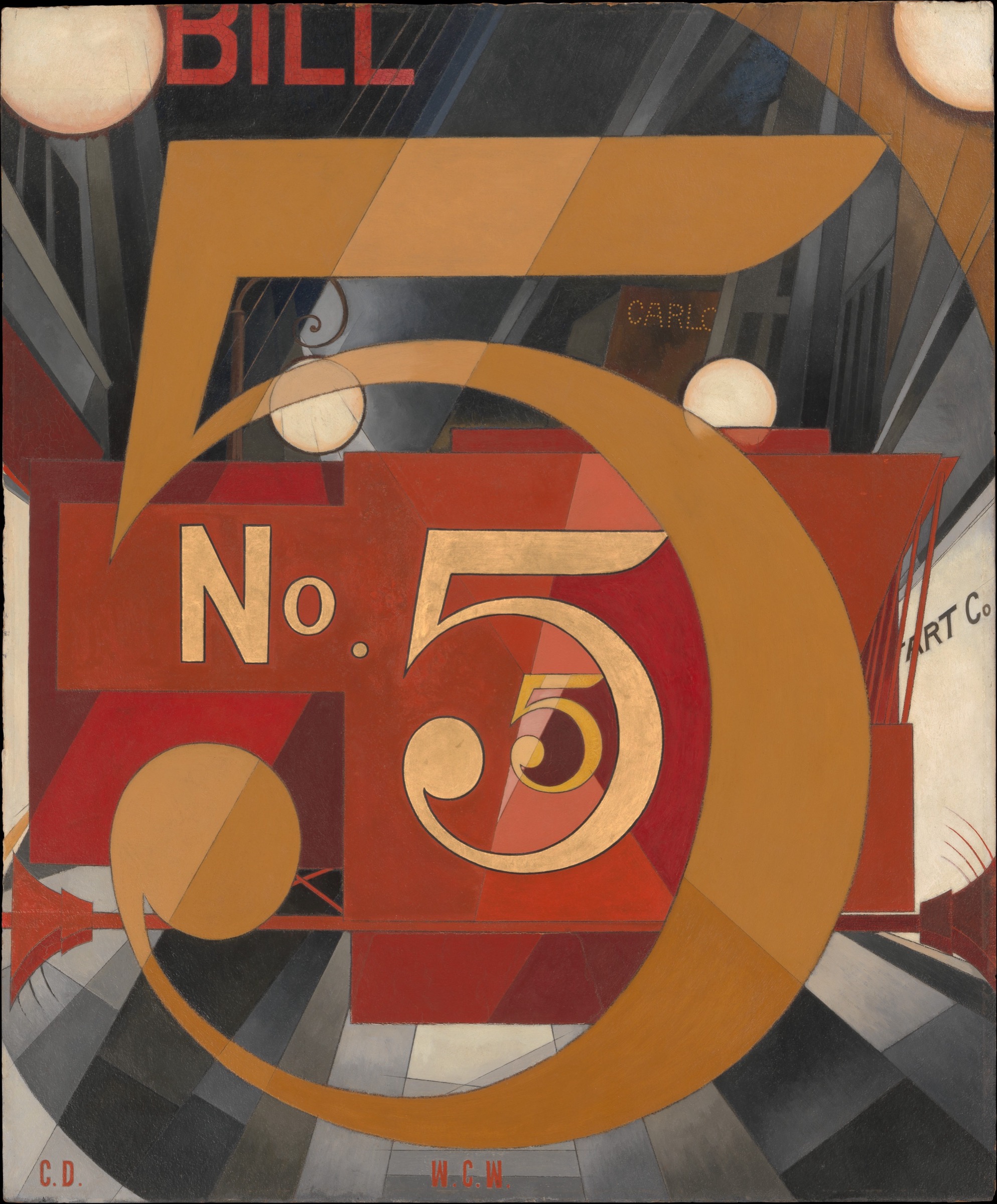 Charles Demuth’s modern painting with a large golden number 5, repeated numbers, red circles, sharp lines, and fragments of words.