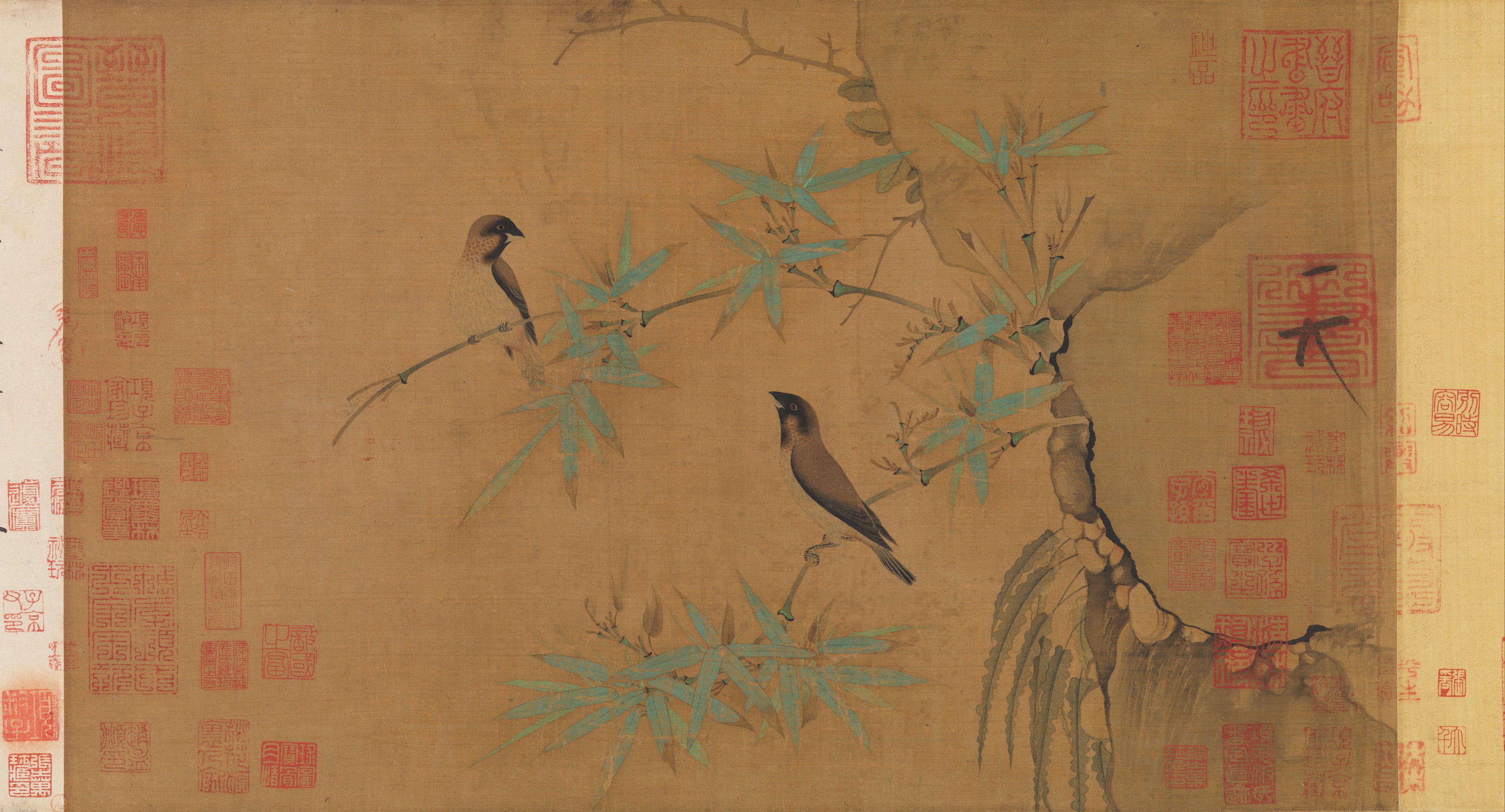 Emperor Huizong’s handscroll detail with two carefully painted finches gripping a bending bamboo branch against open silk.