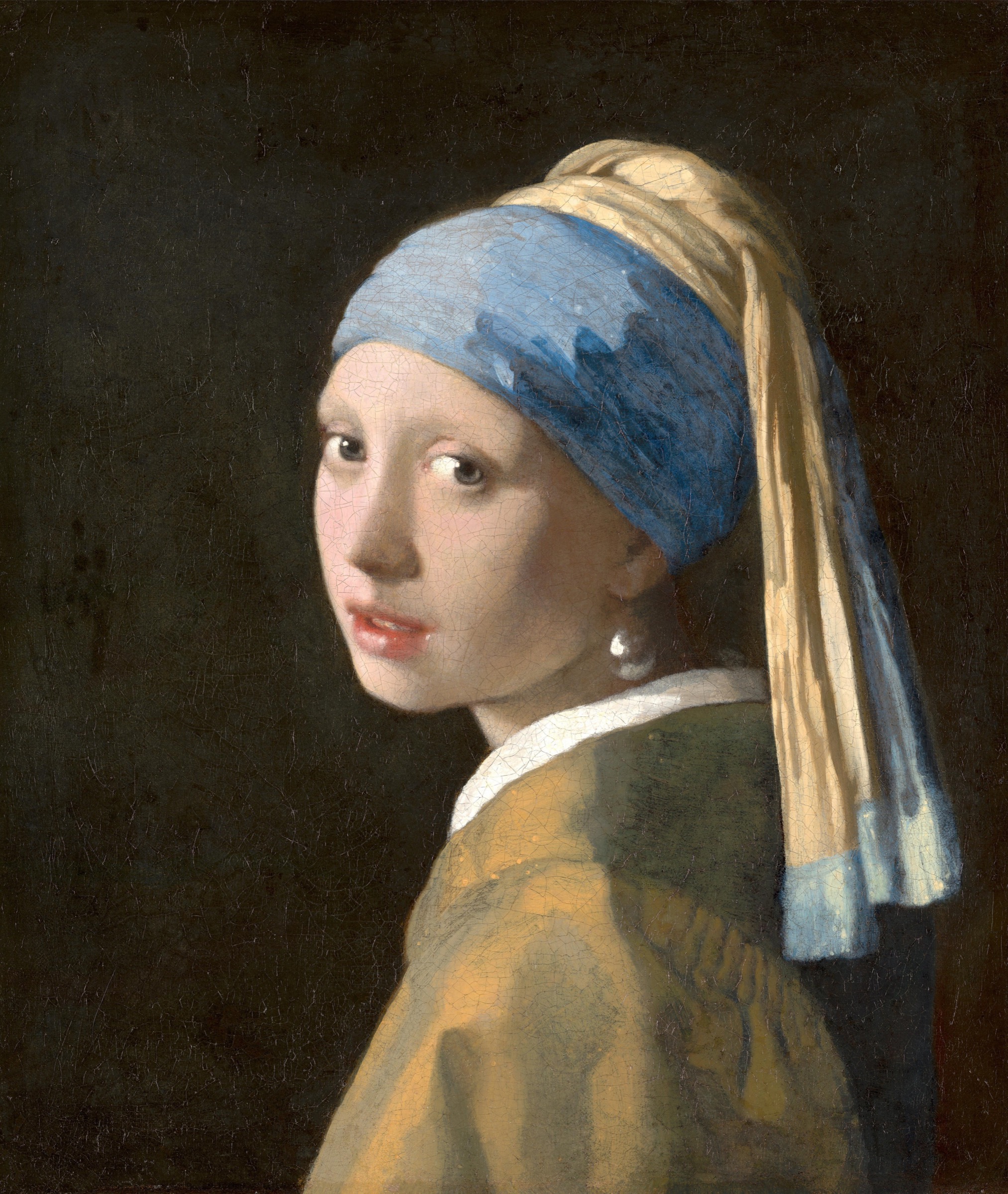 Vermeer’s Girl with a Pearl Earring, showing a young figure turning against a dark background in a blue and yellow head covering.