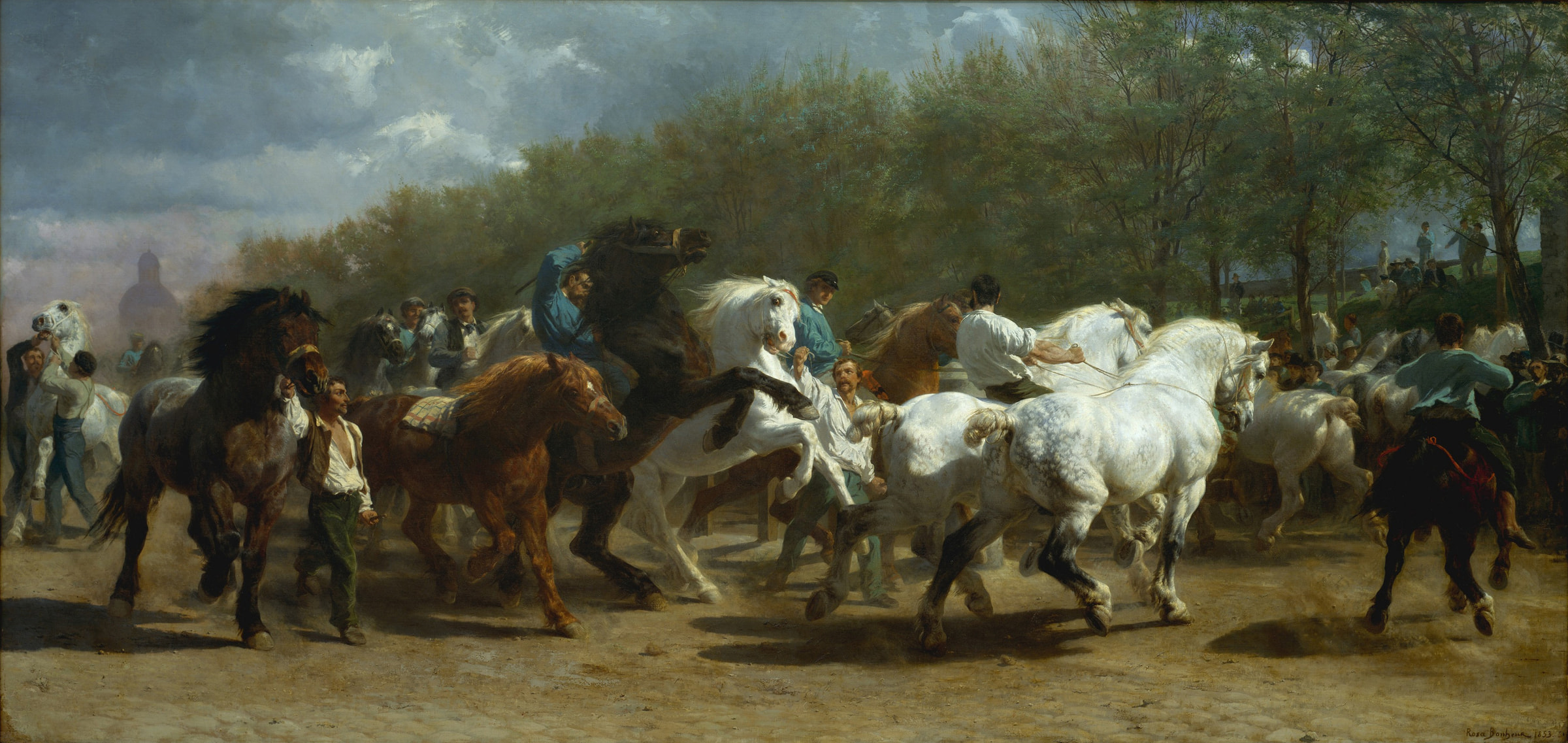 Rosa Bonheur’s huge Horse Fair with powerful horses rearing and circling as handlers pull on ropes and reins.
