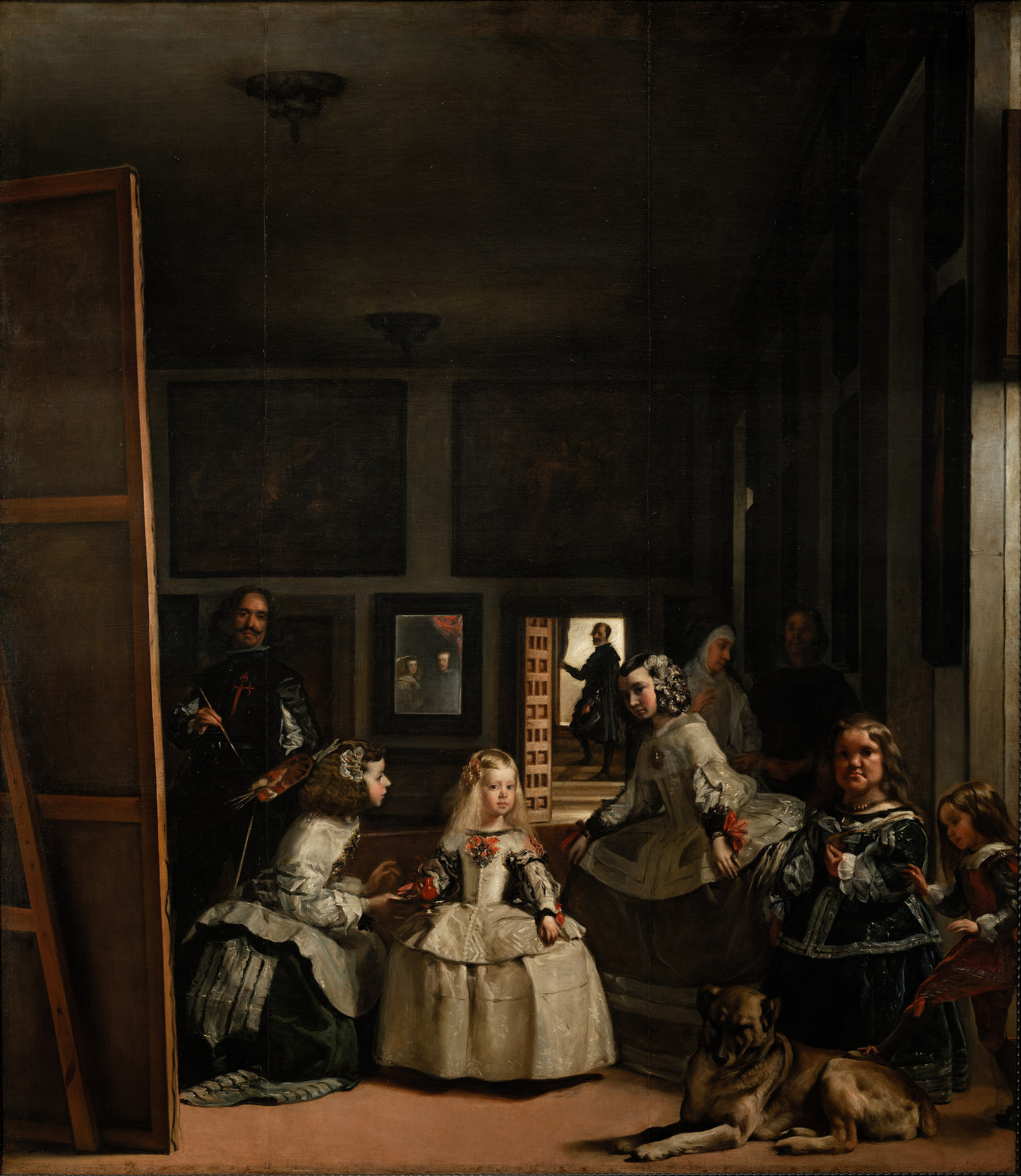 Velázquez’s Las Meninas, showing Infanta Margarita, court attendants, a dog, the artist at a large canvas, a mirror, and a bright doorway.