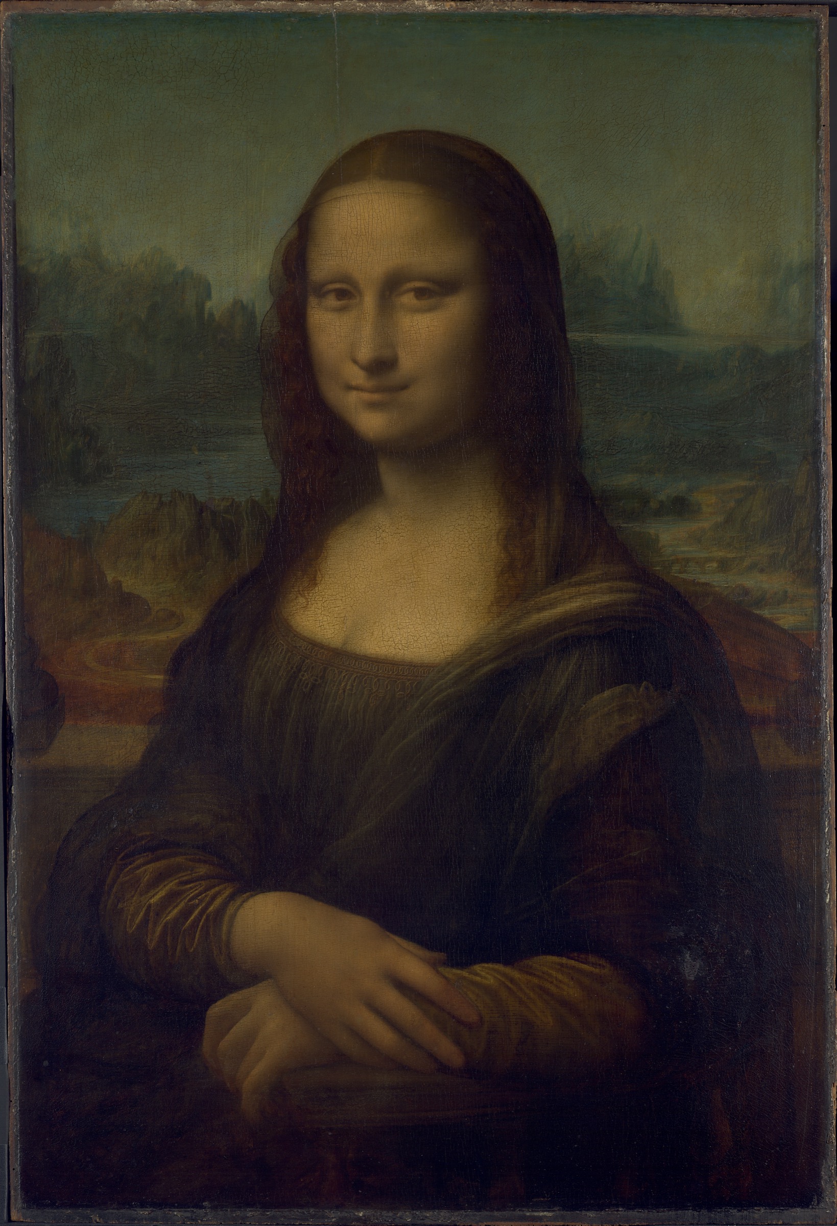Leonardo da Vinci’s Mona Lisa, showing Lisa Gherardini seated before a distant rocky landscape.