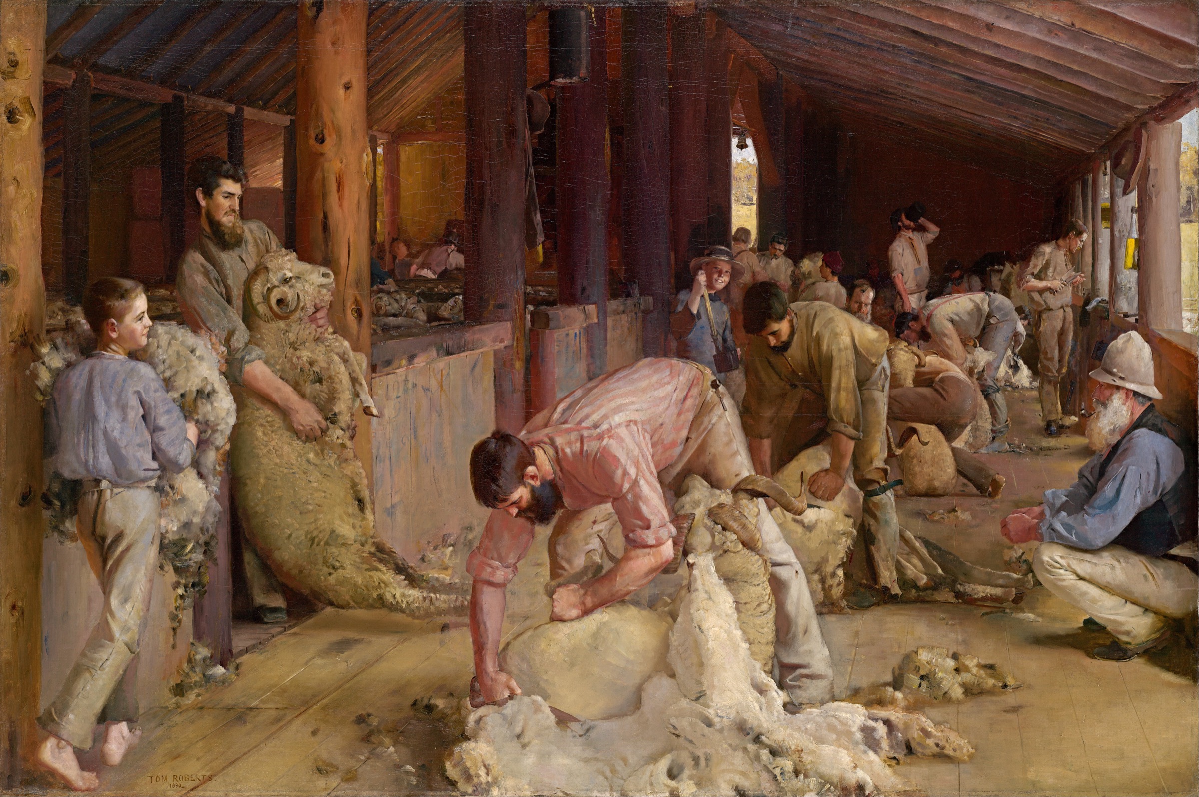 Tom Roberts’s busy shearing shed with workers bending over sheep, helpers moving through the room, tools, sunlight, dust, and piles of wool.