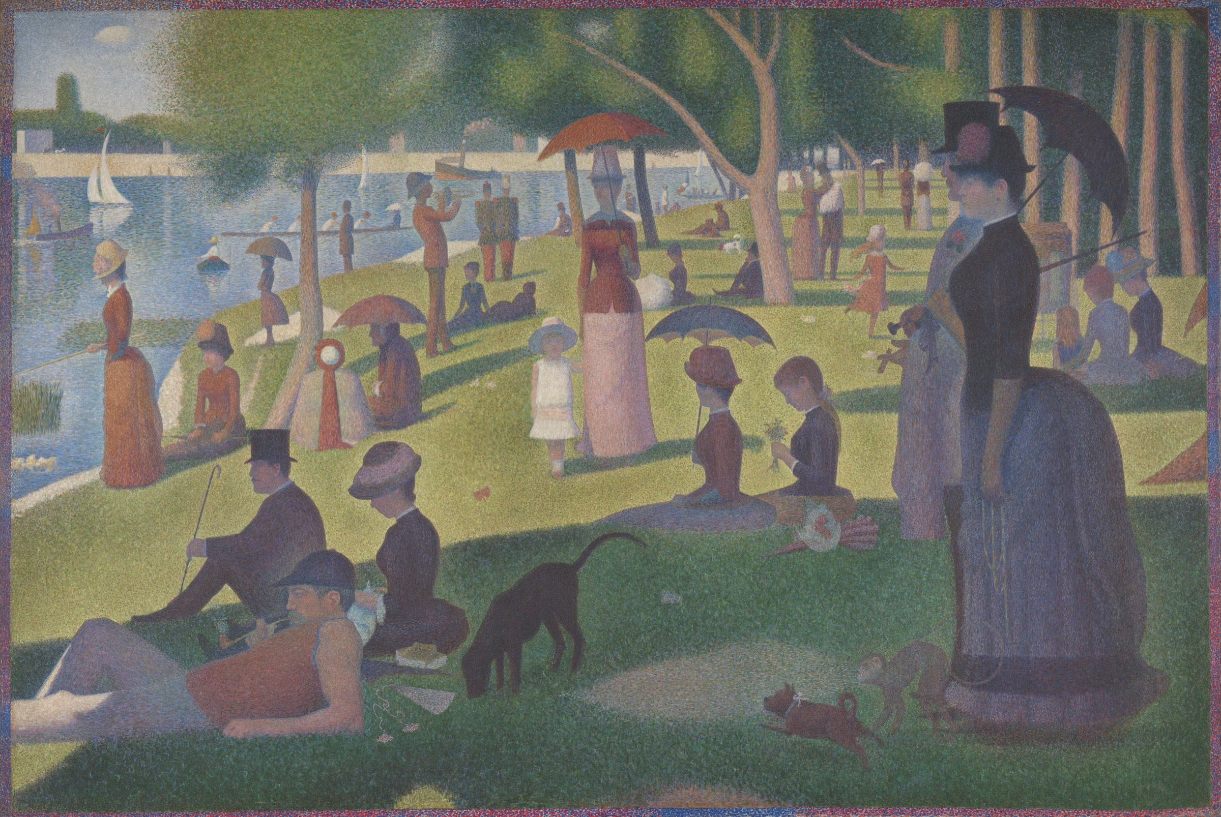 Georges Seurat’s park scene with many people, umbrellas, boats, animals, and small touches of color beside the River Seine.