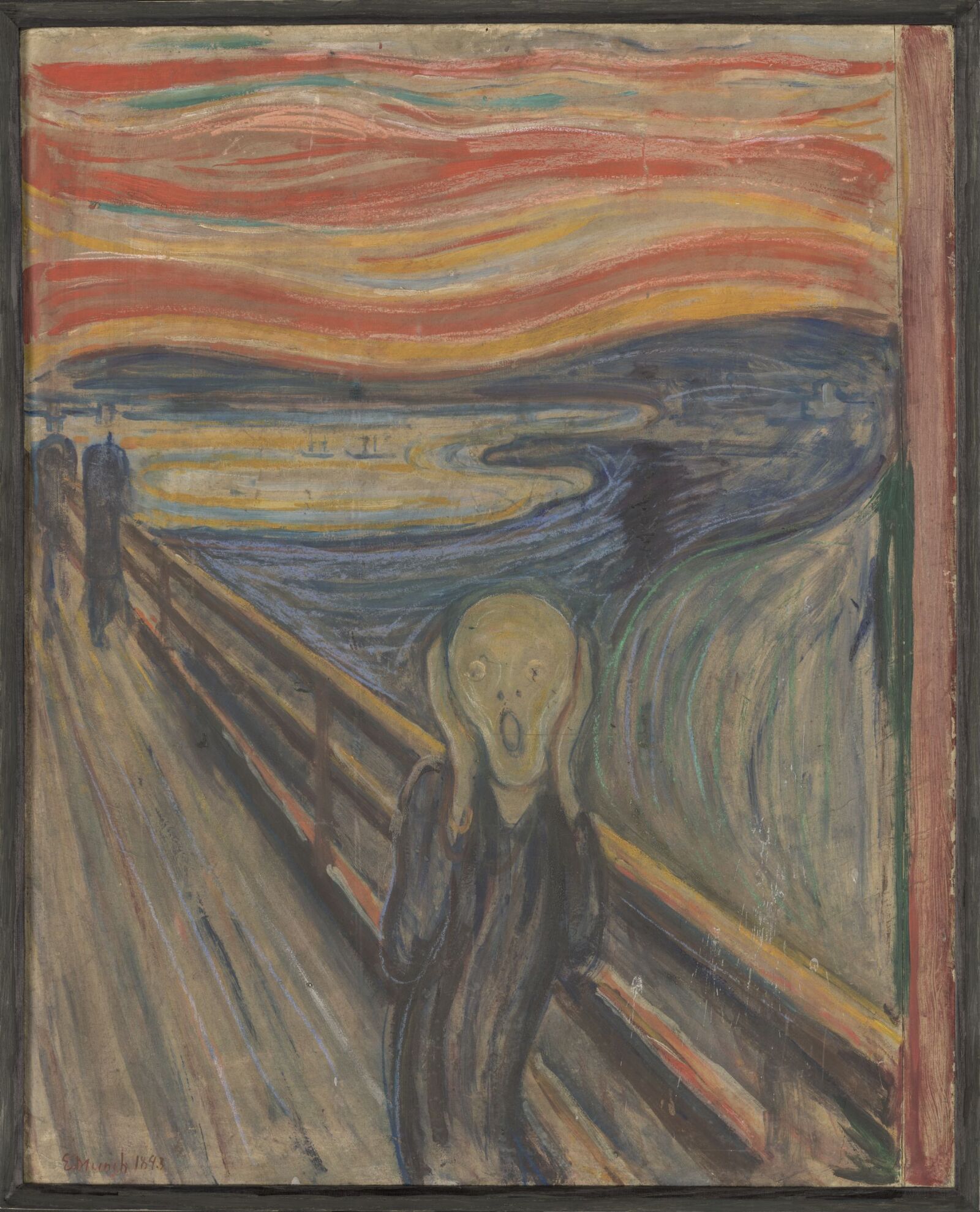 Edvard Munch’s 1893 Scream with a curving figure on a diagonal bridge beneath a twisting red-orange sky and blue-black landscape.