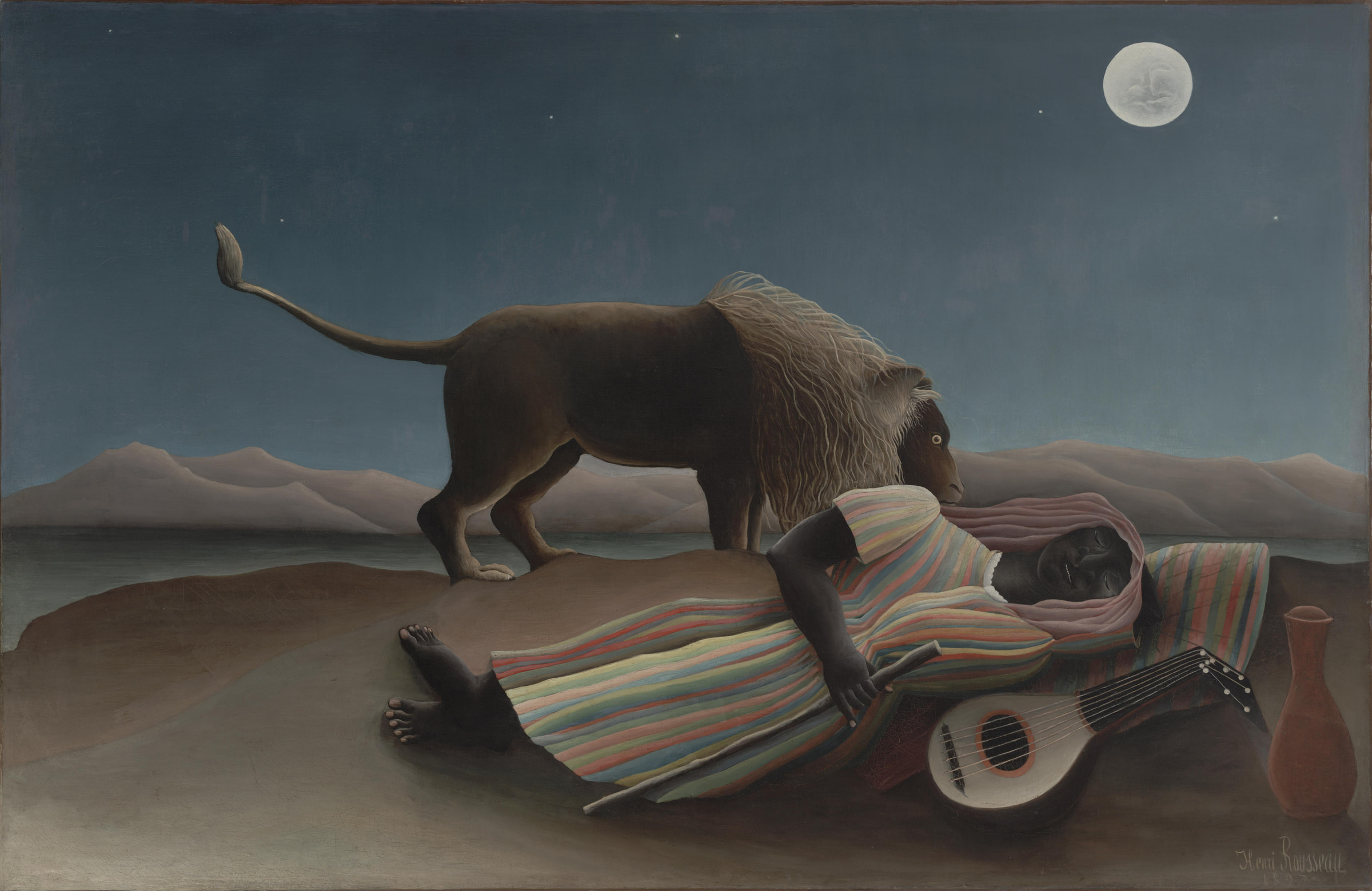Henri Rousseau’s moonlit painting of a sleeping traveler beside an instrument and jar while a lion stands close in an empty landscape.