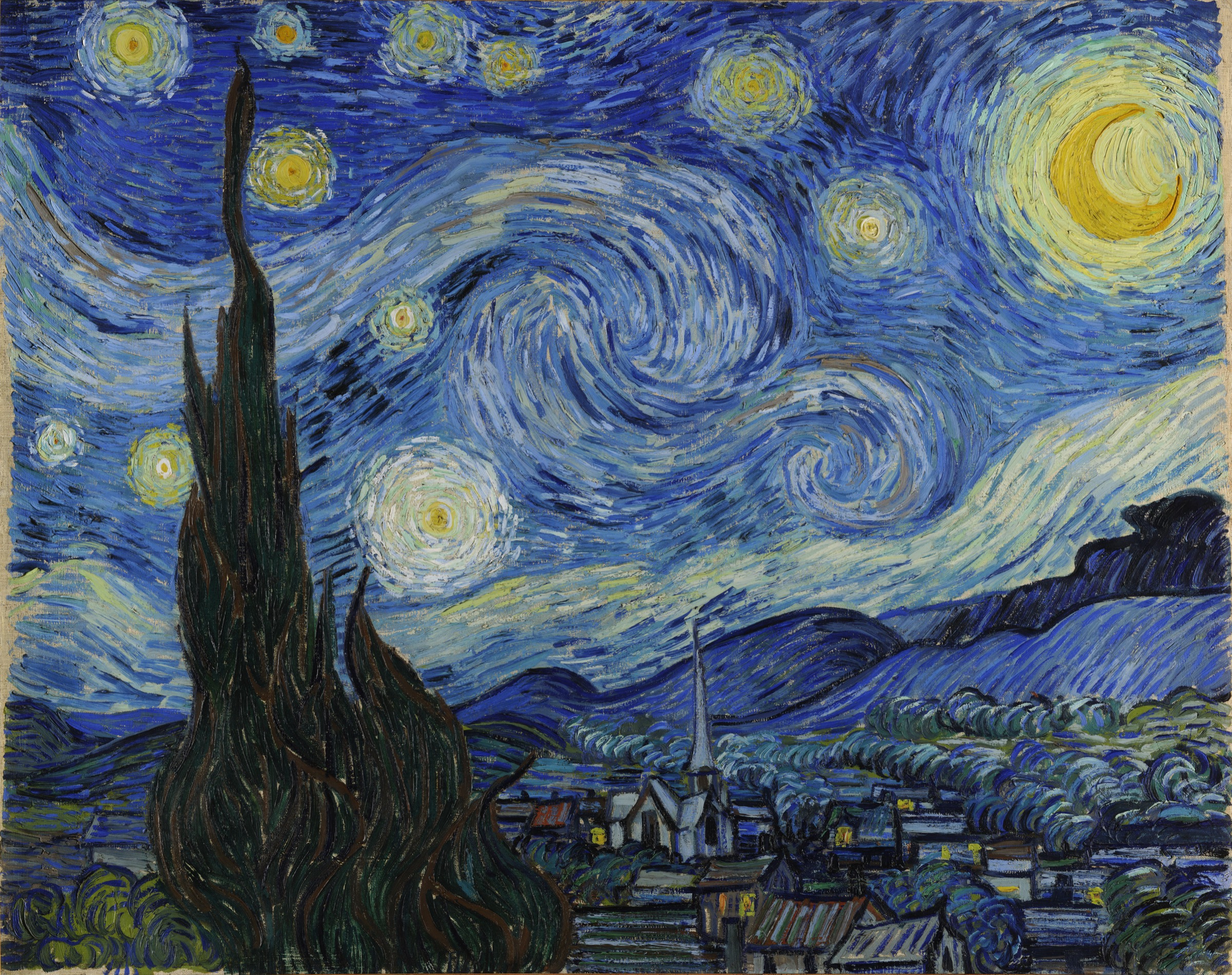 Vincent van Gogh painting of a swirling blue night sky above a village and dark cypress tree.
