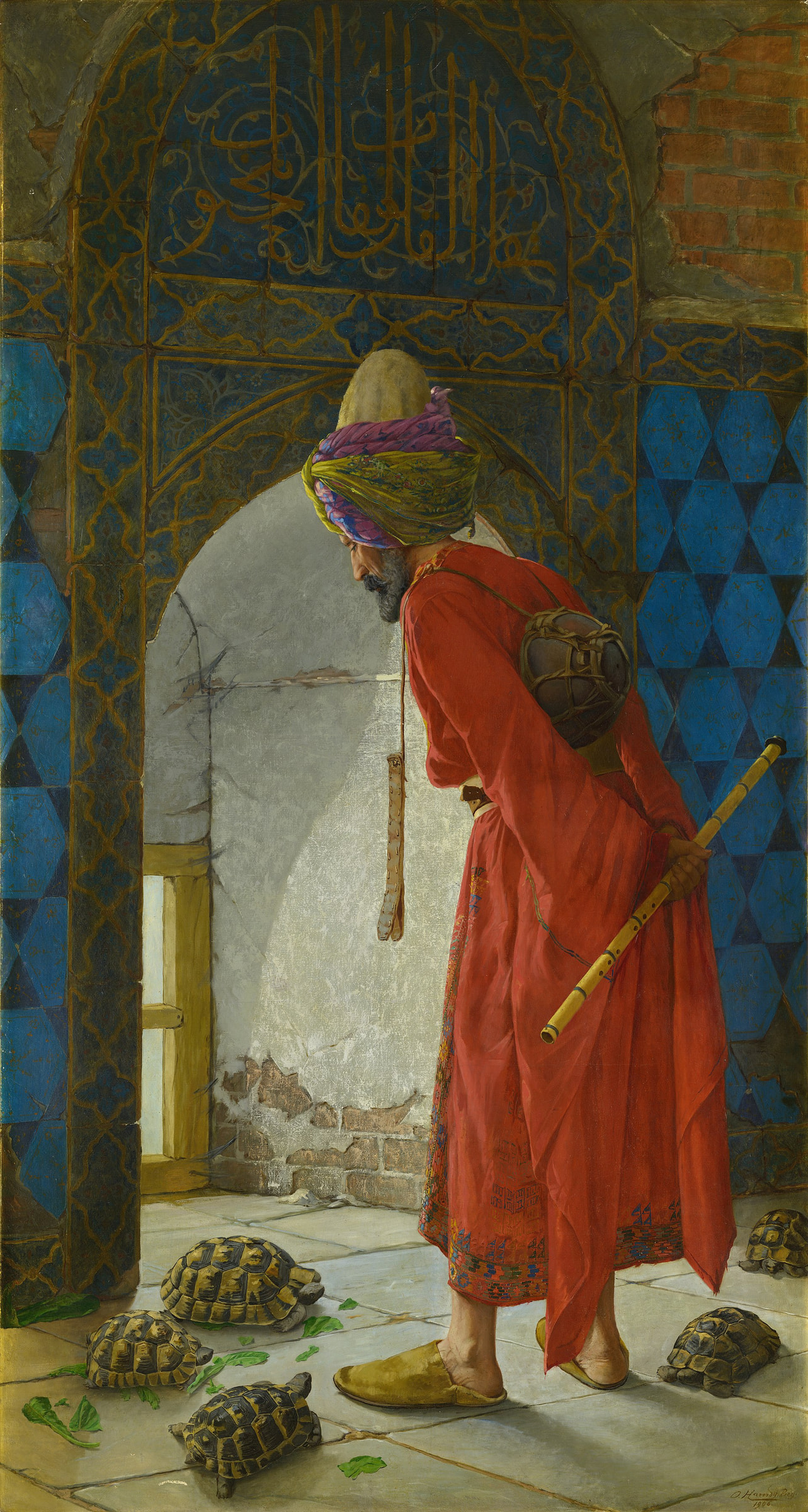 Osman Hamdi Bey’s Tortoise Trainer with an elderly figure in a red robe bending over five tortoises in a tiled mosque room.