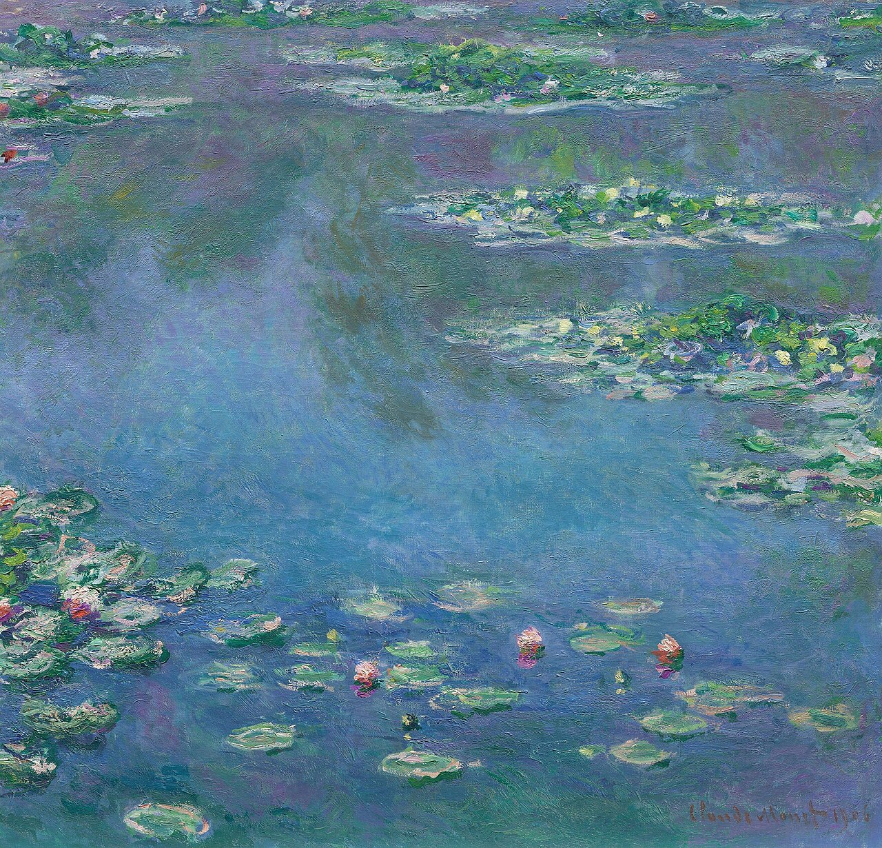 Claude Monet’s Water Lilies, showing pale lily pads and flowers floating among blue, green, and violet reflections.